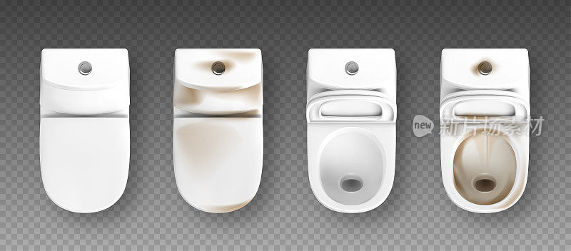现实的肮脏和干净的厕所孤立在透明的背景。"r"r"nTop view干净和肮脏的白色陶瓷马桶。